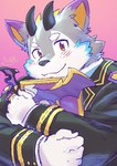 anthro blush book clothing fur gloves grey_body grey_fur handwear horn looking_at_viewer male slightly_chubby solo suit yellow_eyes daihukudokoro lifewonders tokyo_afterschool_summoners belphegor_(tas) canid canine canis demon mammal wolf hi_res