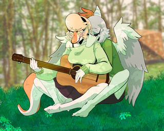 5_fingers accessory acoustic_guitar anthro blonde_hair blue_body blue_scales blurred_background blush bone_frill bottomwear bow_ribbon bra_strap breasts camo camo_print clothed clothing detailed_background duo eyes_closed feathered_wings feathers feet female female/female fingers forest forest_background frill_(anatomy) grass grey_body grey_feathers grey_hair guitar hair hair_accessory hair_bow hair_ribbon hairband holding_guitar holding_musical_instrument holding_object hug hugging_another hugging_from_behind humanoid_feet interspecies jacket long_tail musical_instrument nature nature_background on_grass on_ground orange_body orange_scales photo_background plant plantigrade playing_guitar playing_music plucked_string_instrument ribbons scales shorts sitting skirt string_instrument sweater tail tent topwear tree white_body white_scales wings yellow_eyes sahara_congo_bongo cavemanon_studios snoot_game amber_(snoot_game) melissa_(snoot_game) dinosaur hadrosaurid ornithischian ornithopod parasaurolophus prehistoric_species pterosaur reptile scalie 5:4 colored hi_res photography_(artwork)