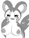 anthro areola big_breasts big_eyes breasts eyebrows female fingers front_view lidded_eyes nipples nude open_mouth open_smile simple_background smile solo tail tongue white_background 4chan_anon nintendo pokemon emolga generation_5_pokemon mammal pokemon_(species) rodent sciurid 2025 digital_media_(artwork) flat_colors greyscale half-length_portrait hi_res monochrome portrait sketch