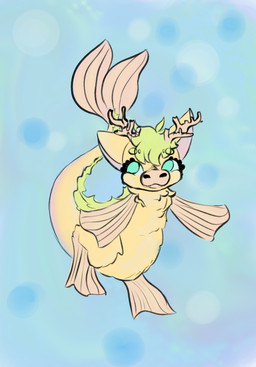 :3 ambiguous_gender antlers blue_background eyelashes feral fin fur green_body green_hair green_scales hair horn looking_up mouth_closed pink_fin pink_inner_ear scales semi-anthro simple_background smile teal_eyes underwater water yellow_body yellow_fur young lemoncurds fluffy_pony fluffy_pony_(species) mammal seafluff 2021 digital_media_(artwork) hi_res