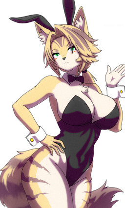 anthro big_breasts blonde_hair bow_tie breasts bunny_costume clothed clothing costume fake_ears fake_rabbit_ears female female_anthro fur green_eyes hair playboy_bunny playboy_outfit simple_background solo tail tuft white_body white_fur yellow_body yellow_fur darexer mihoyo zenless_zone_zero pulchra_fellini canid felid feline humanoid mammal thiren absurd_res digital_media_(artwork) hi_res