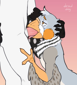 ambiguous_focus ambiguous_gender ambiguous_penetrated animal_genitalia anthro anthro_on_anthro anthro_penetrated anthro_penetrating anthro_penetrating_ambiguous anthro_penetrating_anthro beak beak_fetish beak_play beak_sex beakjob black_body black_feathers brown_eyes claws deep_throat duo erection faceless_character faceless_male feathered_wings feathers fellatio fingers fur genitals grabbing gradient_background grey_body grey_feathers hand_on_head hand_on_leg head_grab kneeling looking_up male male/male male_anthro male_on_anthro male_penetrating male_penetrating_anthro multicolored_body neck_tuft nude oral oral_penetration orange_beak orange_body orange_eyes penetration penile penile_penetration penis penis_in_mouth pink_background pink_genitals pink_penis sex sheath simple_background solo_focus standing tongue tongue_out tuft white_body white_feathers white_fur white_genitals wings yellow_beak dead_dog_(artist) euron layvan avian bird picid woodpecker zebra_finch 2025 absurd_res digital_media_(artwork) hi_res signature