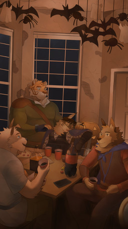 anthro beverage clothed clothed_male clothing food furniture group halloween_decoration holding_beverage holding_object inside jack-o'-lantern male male_anthro melee_weapon night pizza sword table weapon window zaibatszu in_case_of_emergency cedric_(in_case_of_emergency) kieran_(in_case_of_emergency) luke_(in_case_of_emergency) wes_(in_case_of_emergency) canid canine canis coyote domestic_dog felid feline lynx mammal pantherine tiger 9:16 absurd_res hi_res
