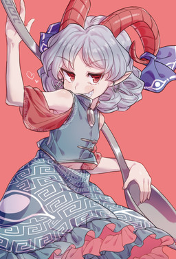 accessory bare_shoulders blue_bottomwear blue_clothing blue_shirt blue_skirt blue_topwear bottomwear bovid_horn caprine_horn clothing curly_hair cutlery ear_piercing ear_ring female furgonomics hair heart_symbol holding_spoon horizontal_pupils horn horn_accessory horn_ribbon humanoid_pointy_ears kitchen_utensils midriff navel piercing pointy_ears pupils red_background red_eyes red_horn ribbons ring_piercing sharp_teeth shirt simple_background skirt sleeveless_shirt solo spoon teeth tools topwear white_hair masanaga_(tsukasa) touhou yuuma_toutetsu horned_humanoid humanoid hi_res portrait three-quarter_portrait
