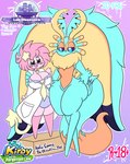 alien anthro big_ears blue_body blue_eyes breasts chinchilla chinchillid clothing coat duo english_text eyewear fecto_elfilis female glasses hair hi_res kirby_(series) kirby_and_the_forgotten_land lewdchuu_(artist) male male/female mammal nintendo pink_body pink_hair purple_eyes pyon_(lewdchuu) rodent star text topwear