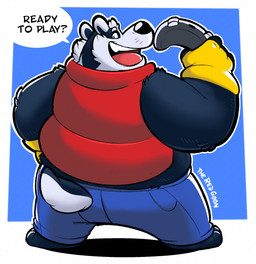anthro biped black_body black_nose bottomwear clothing controller dialogue game_controller male open_mouth overweight overweight_male pants solo standing text white_body c-trigger bradley_the_badger_(game) bradley_(bradley_the_badger) badger mammal mustelid musteline 2025 english_text hi_res