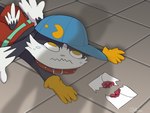 anthro big_collar bodily_fluids clothing collar crying duo envelope gloves handwear hat headgear headwear long_ears male on_ground oversized_collar shadow tears yellow_eyes boke_(artist) apu_spills_his_nuggies bandai_namco klonoa_(series) nintendo super_smash_bros. apu_apustaja klonoa domestic_cat felid feline felis humanoid mammal 4:3 meme