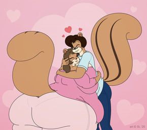 anthro beard belly big_butt bottomwear breast_squish breasts brown_body brown_fur brown_hair butt clothing copyright_symbol duo eyes_closed eyewear facial_hair female fur glasses hair heart_symbol hug huge_butt huge_thighs male multicolored_body multicolored_fur obese obese_anthro obese_female overweight overweight_anthro overweight_female pants shirt squish symbol thick_thighs topwear two_tone_body two_tone_fur satsumalord michael_(satsumalord) terry_(satsumalord) chipmunk ground_squirrel mammal rodent sciurid 2025 digital_media_(artwork) hi_res