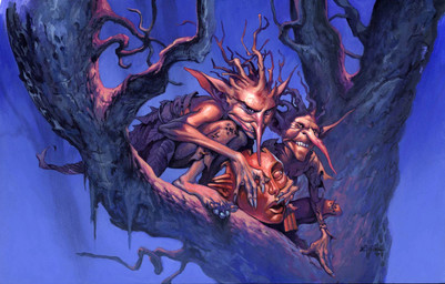 barefoot crouching duo feet horn humanoid_pointy_ears in_tree leaf_clothing long_nose looking_at_viewer male mask not_furry plant pointy_ears red_body tree jesper_ejsing hasbro magic:_the_gathering wizards_of_the_coast humanoid 2007 hi_res official_art