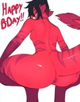 absurd_res andromorph anthro anus big_butt black_hair breasts butt crouching fish genitals grin hair happy_birthday hi_res intersex looking_at_viewer looking_back looking_back_at_viewer marine nastycalamari nonbinary_(lore) nude pussy raised_tail rear_view red_body ren_(remanedur) small_breasts smile solo tail tail_tuft tuft