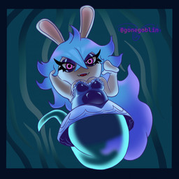anthro arms_bent bangs big_breasts black_border blue_background blue_body blue_clothing blue_dress blue_hair border breasts cleavage clothed clothed_anthro clothed_female clothing dress eyelashes fangs female female_anthro fur hair hand_behind_head legless light long_ears long_hair looking_at_viewer low-angle_view lustful_eyes lustful_gaze mitten_hands multicolored_hair noseless purple_eyelids purple_eyes red_tongue simple_background smile smiling_at_viewer solo tan_inner_ear teeth text tongue translucent translucent_body two_tone_hair wavy_hair white_body white_fur gone_goblin mario_plus_rabbids_sparks_of_hope nintendo raving_rabbids rayman_(series) ubisoft midnite_(mario_plus_rabbids) ghost hybrid lagomorph leporid mammal rabbid spirit 2022 artist_name colored digital_drawing_(artwork) digital_media_(artwork) english_description hi_res lighting shaded