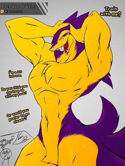 abs anthro bedroom_eyes crotch_tuft dialogue duo fangs flirting flirting_with_viewer fur grey_background looking_at_viewer male muscular muscular_anthro muscular_male narrowed_eyes navel open_mouth pecs purple_body purple_eyes purple_fur raised_arms seductive simple_background smile solo tail teeth text thick_thighs tongue tuft yellow_body yellow_fur brennan_d_vries nintendo pokemon ekizzo generation_2_pokemon pokemon_(species) typhlosion digital_media_(artwork) english_text hi_res signature