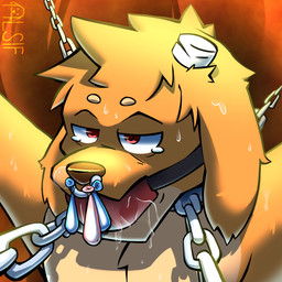 anthro ball_gag bodily_fluids bound broken_horn chain chest_tuft condom crying drooling facial_piercing filled_condom fur gag gagged horn male nose_piercing nose_ring orange_body orange_fur piercing raised_arms red_eyes ring_piercing saliva sexual_barrier_device solo tears text tuft alsif_santoso alsif_santoso_(character) canid canine canis domestic_dog mammal 1:1 2024 digital_drawing_(artwork) digital_media_(artwork) english_description english_text hi_res