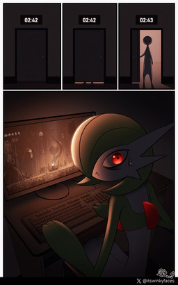 anthro bodily_fluids computer dark duo electronics elevator eye_bags female green_body humor light looking_at_viewer on_model red_eyes sleep_deprivation sweat sweatdrop wide_eyed winkyfaces hollow_knight:_silksong hollow_knight_(franchise) nintendo pokemon team_cherry anonymous_character hornet_(hollow_knight) arthropod gardevoir generation_3_pokemon human mammal pokemon_(species) 5:8 comic hi_res shaded