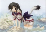 all_fours arm_support asian_clothing bent_legs black_hair brown_eyes clothing east_asian_clothing extended_arms feet_out_of_water female forward_arm_support hair japanese_clothing kneeling legs_in_water long_hair looking_at_viewer partially_submerged shallow_water solo submerged_legs tail thin_tail water wavy_tail amaduyu_tatsuki ikegami_akane utawarerumono eruru animal_humanoid canid canid_humanoid canine canine_humanoid canis dog_humanoid domestic_dog humanoid mammal mammal_humanoid hi_res