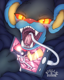 ambiguous_gender bedding black_body black_fur blanket blue_body blue_fur blush cavity_storage endoscope female female/ambiguous fur glowing glowing_eyes internal internal_oral internal_vore key lost_my_keys mawplay mouth_shot object_vore open_mouth oral_storage oral_vore orange_eyes pokeball red_nose red_sclera stomach_storage tablet tablet_computer tail teeth teeth_showing vore yellow_body yellow_fur stellaamoris suiro nintendo pokemon vore_day vore_day_2025 mara_(stellaamoris) generation_1_pokemon generation_4_pokemon luxray pikachu pokemon_(species) 4:5 absurd_res digital_media_(artwork) digital_painting_(artwork) hi_res meme painting_(artwork)