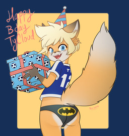 anthro black_clothing black_underwear blue_clothing blue_shirt blue_topwear butt clothed clothing fur hair male orange_body orange_butt orange_fur orange_tail rear_view shirt tail topwear underwear young young_anthro young_male pucco tycloud canid canine fox mammal 2023 alpha_channel hi_res