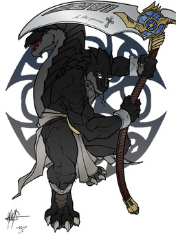 anthro athletic black_body black_skin blue_eyes claws cloth clothing cross cross_necklace eyewear glasses holding_object holding_weapon jewelry looking_away male muscular necklace open_mouth pose robe scales sharp_teeth simple_background smile spikes teeth tongue weapon walter_sache grygon_the_divine_creature_(walter_sache) demon reptile scalie 2011 dated signature