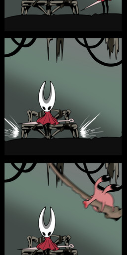 bench black_legs cloak cloak_only clothing duo hornet's_needle lips monotone_cloak pink_lips red_cloak red_clothing sitting solo tod_d hollow_knight:_silksong hollow_knight_(franchise) team_cherry hornet_(hollow_knight) nuu_(hollow_knight:_silksong) arthropod mollusk comic hi_res