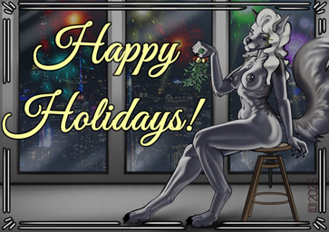 anthro black_nipples female fireworks mistletoe nipple_piercing nipples nude paws piercing plant pose solo thir13en happy_holidays hellaverse helluva_boss mythology loona_(helluva_boss) canid canid_demon canine demon hellhound mammal mythological_canine mythological_creature absurd_res digital_media_(artwork) hi_res pinup