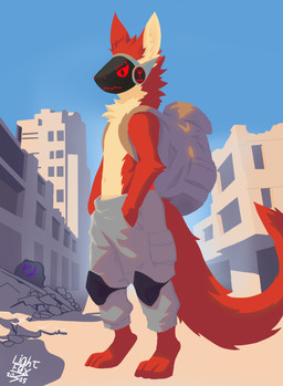 anthro backpack city city_background city_destruction cityscape clothed clothing destruction fur hair looking_at_viewer machine male multicolored_body multicolored_fur orange_body red_body red_fur simple_background solo tail text two_tone_body two_tone_fur red-star-fox protogen 2025 artist_name colored digital_drawing_(artwork) digital_media_(artwork) hi_res signature