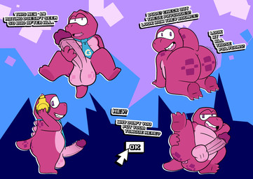accessory all_fours anthro anus big_butt big_penis biped butt dialogue electronics genitals headphones male necktie open_mouth penis slightly_chubby solo standing text grolarbearsins gameoverse glitch_productions gobbles_(gameoverse) dinosaur prehistoric_species reptile scalie 2026 absurd_res english_text hi_res