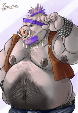 anthro armpit_hair beard belly belly_hair belt big_belly body_hair bottomwear bracelet brown_eyes bulge clothing eyewear facial_hair facial_piercing grey_body hair jacket jewelry male mohawk moobs musclegut muscular muscular_male navel necklace nipples nose_piercing nose_ring obese obese_male outie_navel overweight overweight_male pants piercing purple_hair ring_piercing solo spiked_bracelet spikes sunglasses topwear tusks raivenderouthelion teenage_mutant_ninja_turtles teenage_mutant_ninja_turtles_(2014) bebop domestic_pig mammal suid suine sus_(pig) hi_res