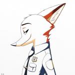 badge clothing green_eyes half-closed_eyes law_enforcement male narrowed_eyes necktie officer pockets police police_officer profile shirt_pocket shoulder_patch simple_background smile solo tie_bar tie_clip uniform white_background skelly_doll disney zootopia nick_wilde canid canine fox mammal red_fox true_fox 1:1 2017 hi_res