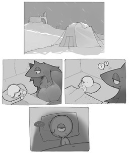 anthro bald cold duo eyes_closed female female_anthro fur glistening_eyelids head_on_pillow inside_tent larger_anthro larger_female looking_at_another male male/female male_human one_eye_closed pillow question_mark shadow shaking shivering size_difference smaller_human smaller_male snow tent under_covers southway mythology wolf_(lnb) canid canine human mammal mythological_canine mythological_creature werecanid werecanine werecreature werewolf 2026 comic digital_drawing_(artwork) digital_media_(artwork) hi_res monochrome