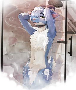 anthro bathing blep blue_body blue_fur blue_hair brown_horn chest_tuft femboy fluffy fluffy_tail foam fur green_eyes hair hair_over_eye horn looking_at_viewer male male_anthro multicolored_body nude one_eye_obstructed shower showering smile smiling_at_viewer soap soap_bubbles solo standing tail tongue tongue_out tuft water wet wet_body wet_fur wet_hair white_body white_fur shtein fuhsaz_the_goat bovid caprine goat mammal absurd_res hi_res
