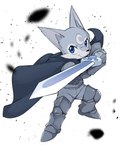 anthro arm_armor blue_eyes cape clothed clothing holding_melee_weapon holding_object holding_sword holding_weapon leg_armor looking_at_viewer male markings melee_weapon moon_(marking) serious solo sword weapon white_back young young_anthro young_male manmosu_marimo wolf_hero_(character) canid canine canis domestic_dog mammal wolf 2025 japanese_description