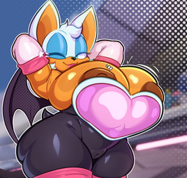 animal_ears anthro areola areola_slip armwear big_breasts big_butt biped black_clothing breasts brown_areola brown_nipples butt camel_toe cleavage clothed clothing elbow_gloves eyelashes female fur glistening glistening_body gloves hands_behind_head handwear huge_breasts lips looking_at_viewer low-angle_view membrane_(anatomy) membranous_wings nipple_slip nipples one_eye_closed pink_lips pupils smile solo tan_body tan_skin thick_thighs three-quarter_view white_body white_fur wide_hips wings wink illustratorfake sega sonic_the_hedgehog_(series) rouge_the_bat bat mammal hi_res