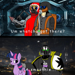 adeptus_mechanicus death_korps_of_krieg duo female feral male space_marine text brutus_airsoft friendship_is_magic hasbro icarly my_little_pony nickelodeon warhammer_(franchise) warhammer_40000 whatcha_got_there?_a_smoothie black_templar twilight_sparkle_(mlp) human mammal 1:1 comic english_text hi_res