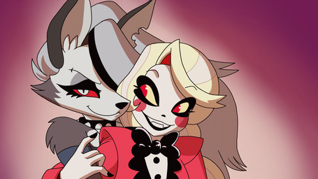 duo female female/female kissing red_eyes red_sclera simple_background chochi kato777 hazbin_hotel hellaverse helluva_boss mythology charlie_morningstar loona_(helluva_boss) canid canid_demon canine demon demon_humanoid hellhound humanoid mammal mythological_canine mythological_creature 16:9 2024 animated animated_gif artist_collaboration hi_res short_playtime widescreen