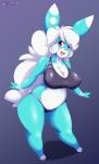 2015 anthro big_breasts biped blue_body blue_fur blue_nose blush bra breasts buckteeth cleavage clothed clothing female fur hair hi_res lagomorph leporid long_hair looking_at_viewer mammal mleonheart navel open_mouth panties pixels_bunni rabbit red_eyes short_stack slightly_chubby smile solo standing teeth thick_thighs tongue underwear white_body white_fur white_hair wide_hips