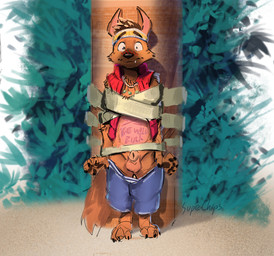 animal_genitalia anthro arms_tied balls belly_tattoo blush bottomwear bound clothing exposed eyebrows fully_sheathed genitals highlights_(coloring) humiliation jewelry male necklace nude_anthro pawpads plant raised_eyebrows sheath shocked shorts solo standing tattoo topwear tree vest wide_eyed supechips raww_(forgotten_island) canid canine mammal