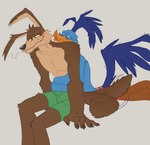 anthro blue_body blue_feathers blush blush_lines brown_body brown_fur clothing duo feathers fur hug hugging_another hugging_from_behind male male/male purple_body purple_feathers sigh sleeping slim smiley_face tail tail_motion tailwag underwear fernypaw loonatics_unleashed looney_tunes warner_brothers rev_runner tech_e._coyote avian bird canid canine canis coyote cuculiform mammal new_world_ground_cuckoo roadrunner absurd_res hi_res