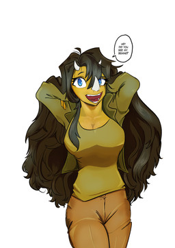 alternate_costume anthro big_breasts blue_eyes bottomwear breasts brown_bottomwear brown_clothing brown_hair brown_pants clothed clothed_anthro clothed_female clothing dialogue facial_horn female freckled_breasts freckles front_view green_clothing green_shirt green_topwear hair hands_behind_head horn long_hair non-mammal_breasts open_mouth open_smile pants pose raised_arms shirt simple_background smile solo speech_bubble standing talking_to_viewer text topwear white_background yellow_body anfitrionaaa hold_onto_mi mimi_(hold_onto_mi) ceratopsian ceratopsid chasmosaurine dinosaur marginocephalian ornithischian prehistoric_species reptile scalie triceratops absurd_res colored english_text hi_res portrait shaded three-quarter_portrait