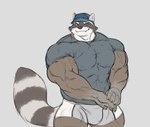 5_fingers anthro barazoku baseball_cap big_muscles black_body black_claws black_fur black_nose bottomwear bulge claws clothing fingers fur grey_body grey_fur hat headgear headwear huge_muscles humanoid_hands male muscular muscular_anthro muscular_male shirt shorts simple_background smile solo striped_body striped_fur stripes t-shirt tight_clothing topwear vein veiny_muscles white_body white_fur yellow_eyes kajy mammal procyonid raccoon 2021 absurd_res hi_res