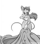 after_transformation anthro biped breasts buckteeth clothing covering covering_breasts female fur hair holding_clothing holding_object long_hair looking_down_at_self micro navel nude open_mouth simple_background solo standing tail teeth text tongue white_background koopacap mammal murid murine rat rodent 2020 artist_name hi_res monochrome shaded