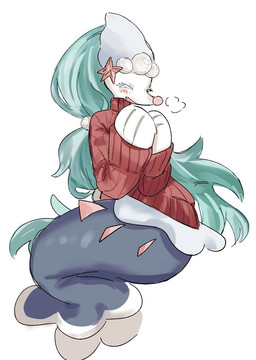 ambiguous_gender anthro blue_hair blush blush_lines clothing eyelashes eyes_closed fangs gem hair multicolored_body open_mouth pearl_(gem) simple_background solo split_form starfish_(accessory) steamy_breath sweater tail teeth topwear turtleneck beloved_siren nintendo pokemon asterozoan echinoderm generation_7_pokemon marine pokemon_(species) primarina starfish 2025 hi_res
