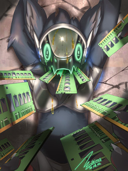 anthro black_body black_fur bodily_fluids computer_part fur gag glistening glistening_body glowing glowing_eyes glowing_mouth glowing_nose green_body group inner_ear_fluff looking_at_viewer machine male oil open_mouth sweat sweating_oil sweating_profusely tuft skiros detail_(deltafish32) protogen 2025 3:4 hi_res