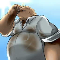 anthro belly brown_body brown_fur clothing fur humanoid_hands male outside overweight overweight_anthro overweight_male shirt solo sun topwear baru_x2 bear mammal 1:1 2017