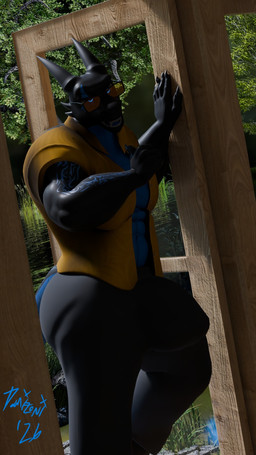 abs anthro big_bulge black_body blue_eyes bottomwear bulge clothed clothing doorway eyewear hand_on_door horn male markings markings_on_body muscular muscular_anthro muscular_male open_clothing open_mouth open_shirt open_topwear pants pose shirt solo sunglasses topwear wearing_sunglasses domizoni morethreedee_(modeler) mythology nightshade_(dragonofdarkness1992) dragon mythological_creature mythological_scalie scalie 2026 blender_(artwork) blender_cycles_(artwork) digital_media_(artwork) hi_res pinup