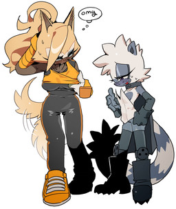 alternate_costume anthro big_breasts bodily_fluids boots breasts brown_body brown_fur clothing clothing_swap duo eyelashes facial_markings female female_anthro footwear fur gloves grey_body grey_fur hair handwear head_markings knee_pads leotard markings mask_(marking) ponytail purple_eyes shoes small_breasts sweat thought_bubble white_body white_fur kosherea idw_publishing sega sonic_the_hedgehog_(comics) sonic_the_hedgehog_(idw) sonic_the_hedgehog_(series) tangle_the_lemur whisper_the_wolf canid canine canis lemur mammal primate ring-tailed_lemur strepsirrhine wolf 2025 hi_res