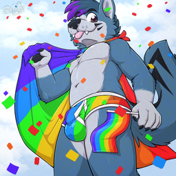 anthro bulge clothing confetti duo male pride smile solo standing underwear gaokun tristan_the_wolf canid canine canis mammal wolf 1:1 absurd_res hi_res story story_in_description