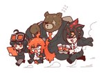 anthro black_hair chibi clothing eye_patch eyewear female goggles group hair male necktie red_hair running suit dorkdragoon mihoyo zenless_zone_zero anton_ivanov ben_bigger grace_howard koleda_belobog bear human mammal