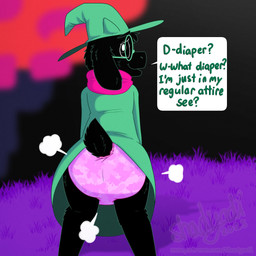 ambiguous_gender anthro black_body black_fur black_sclera black_tail blurred_background camo camo_print clean_diaper clothed clothing cloud_emanata detailed_background dialogue diaper diaper_fetish diaper_puff diaper_under_clothing emanata eyewear floppy_ears fur glasses grass green_clothing green_eyewear green_glasses green_hat green_headwear green_robe hat head_horn headgear headwear heart_symbol horn looking_at_viewer looking_back looking_back_at_viewer open_mouth pink_diaper pink_scarf plant purple_grass rear_view robe scarf solo speech_bubble tail text tree wearing_diaper wearing_glasses wearing_hat shadyadi deltarune undertale_(series) ralsei bovid caprine darkner goat mammal 1:1 2023 artist_name english_text hi_res signature url male_(lore)