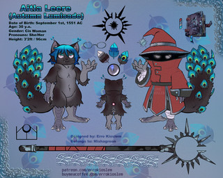 abstract_background anthro avian_arms avian_feet black_nose blue_hair clothing coat ear_tuft eyewear feathered_tail feathers female front_view glasses glowing glowing_eyes grey_eyes hair hat headgear headwear looking_at_viewer obscured_face peacock_feather solo staff tail text tooth_showing topwear tuft wearing_glasses whiskers witch_hat wrinkles errokioslem domestic_cat felid feline felis hybrid mammal english_text full-length_portrait model_sheet portrait url
