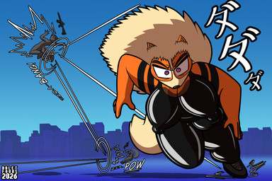 action_scene afro angry anthro attack attacking_viewer balls big_balls big_breasts black_nose bodysuit boots breasts bulge city city_background cityscape clothed clothing fight footwear fur genital_outline genitals gynomorph hair intersex iridescent_eyes latex latex_bodysuit latex_clothing latex_skinsuit looking_at_viewer motion_lines nipple_outline no_bra onomatopoeia orange_body orange_fur outside purple_eyes ranged_weapon running running_towards_viewer shoes skinsuit sound_effects tail text tight_clothing weapon daletfours nintendo pokemon alectrona_(daletfours) background_character arcanine canid canine generation_1_pokemon mammal pokemon_(species) absurd_res english_text hi_res japanese_text